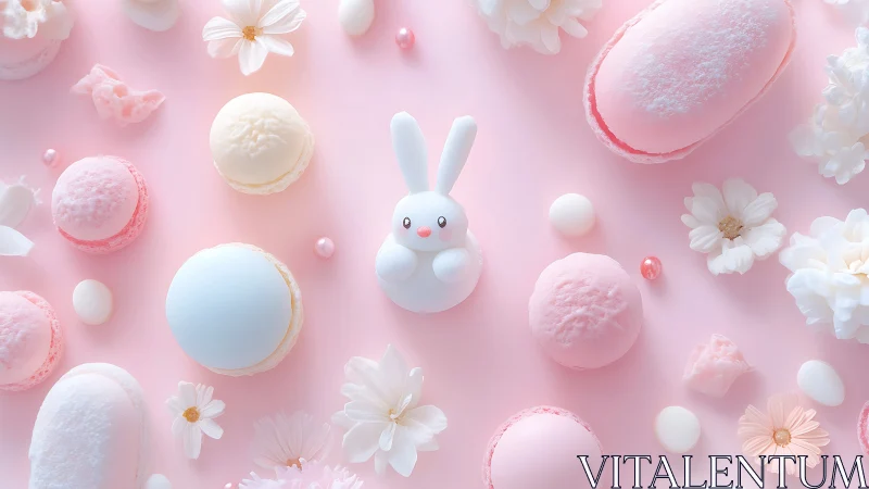 Soft pastel confections surround a central rabbit figure