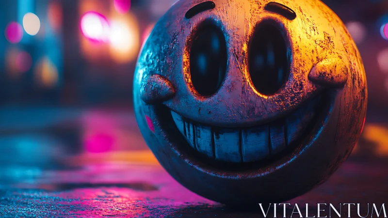Weathered smiling sphere under neon bokeh in shallow focus