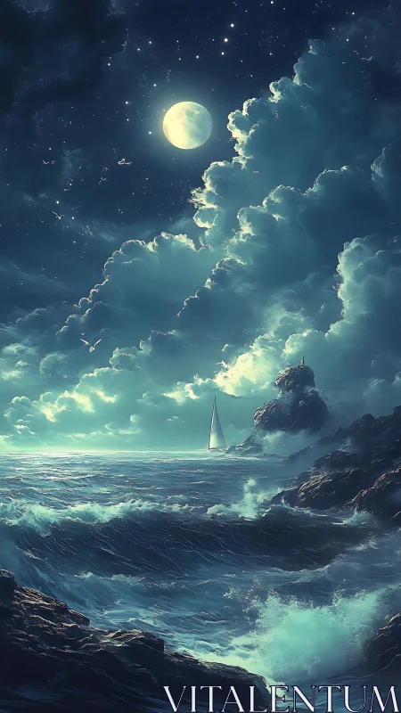 Moonlit sailboat amid stormy teal waves and towering clouds.
