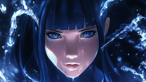 Calm water mage with luminous blue eyes and flowing power.