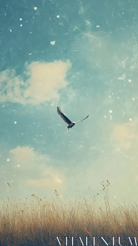 Solitary bird soaring above golden field under vast sky.