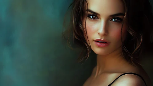 Digital portrait close-up of woman on teal backdrop.