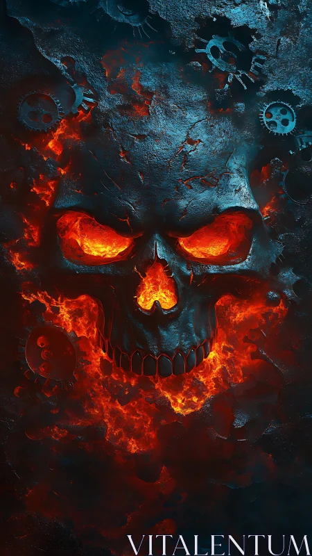 Molten infernal skull with mechanical cogs in blazing relief.