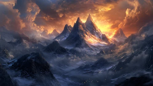 Sunlit icy peaks rise through storm clouds over dark valley