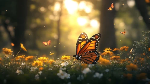 Monarch butterfly in golden hour meadow with bokeh glow.