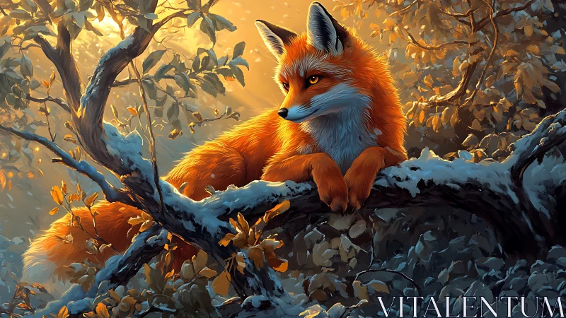 Digital fox portrait over snowy branch in autumn forest.