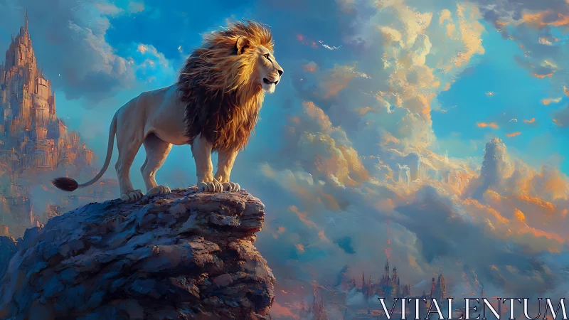 Majestic lion surveys atmospheric fantasy kingdom under luminous sky