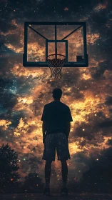 Silhouetted basketball player studies hoop against cosmic nebula sky