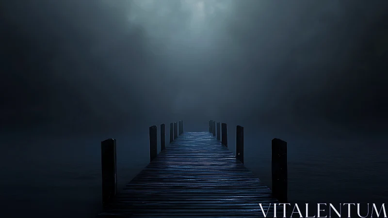 Linear wooden pier vanishing into fog-diffused nocturnal backlight
