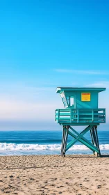 Turquoise lifeguard tower stands on sandy ocean beach