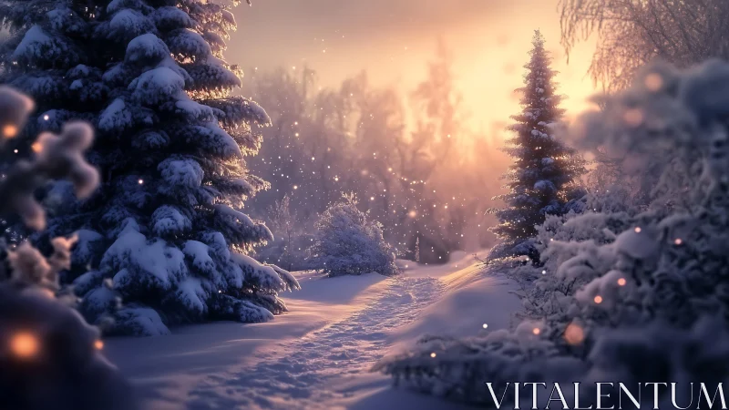 Snowy forest path under soft sunset light in wintertime.