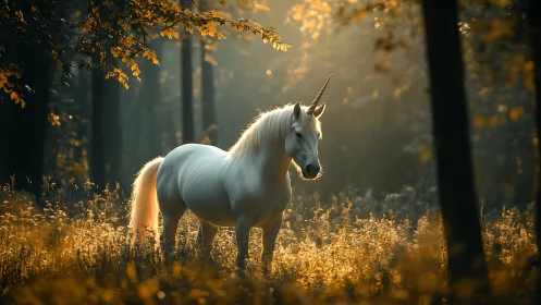 White unicorn standing in warm golden forest light.