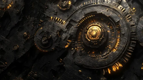 Industrial clockwork rings glow within charred metal field.