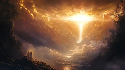 Pilgrims beneath the skyfall gate of molten dawn.