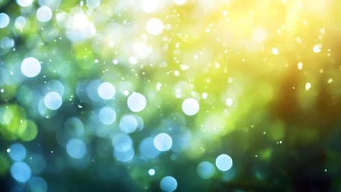 Defocused bokeh light orbs in blue green yellow gradient field.