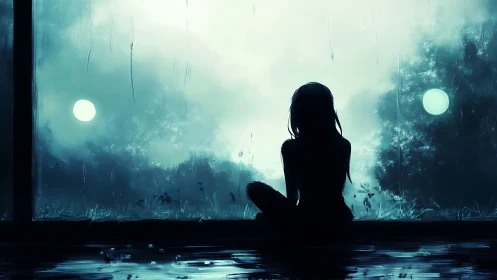 Silhouette sits by window watching misty night landscape