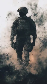 Silhouetted soldier emerging through swirling battlefield smoke.