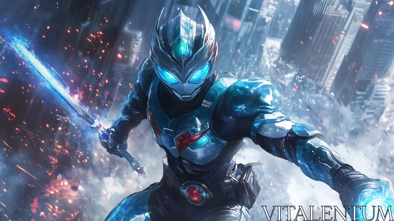 Fearless blue-armored cyber hero soaring above the city.