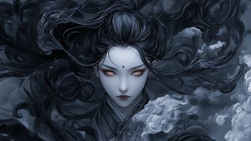 Pale female figure with flowing dark hair stares forward