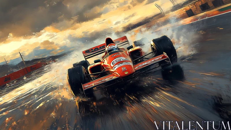 Stormlit Formula racer slashes through blazing wet asphalt.