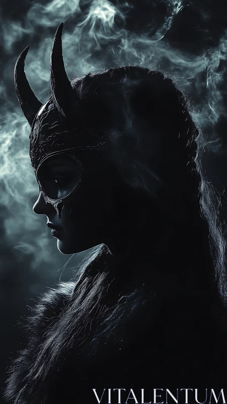 Horned shadow queen crowned in drifting ghostlight smoke.