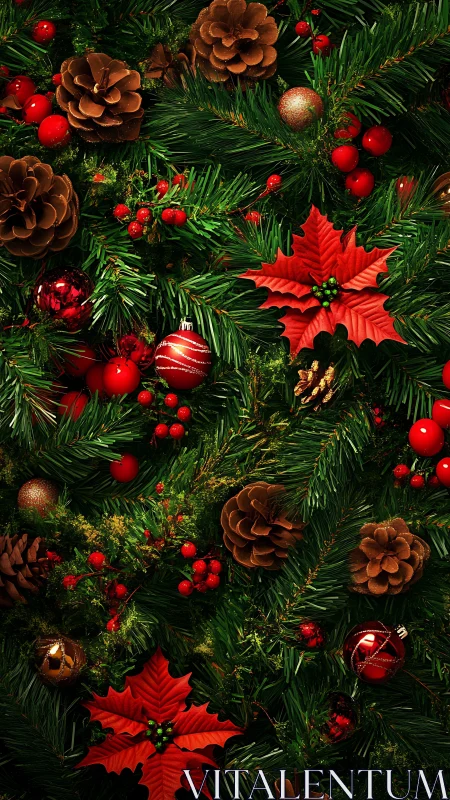Pine foliage with cones, red baubles and poinsettia elements.