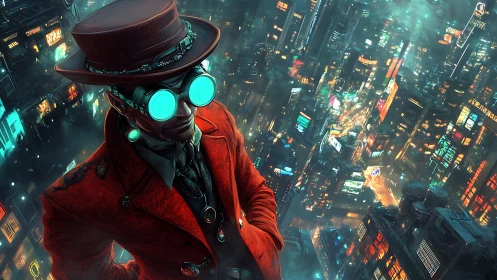 Steampunk observer overlooking dense cyberpunk cityscape.