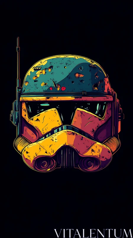 Neon battle-scarred sci-fi helmet glows against deep black