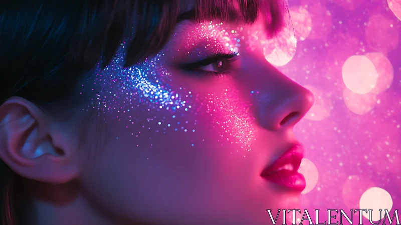 Glittering neon portrait glowing with dreamy cosmic color.