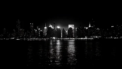 Black and white city skyline glowing across dark water.