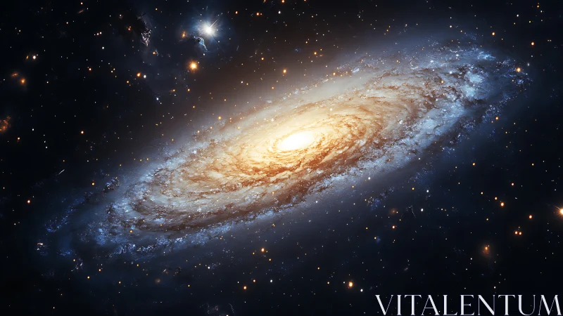 Spiraling starlit galaxy wrapped in soft golden glow.