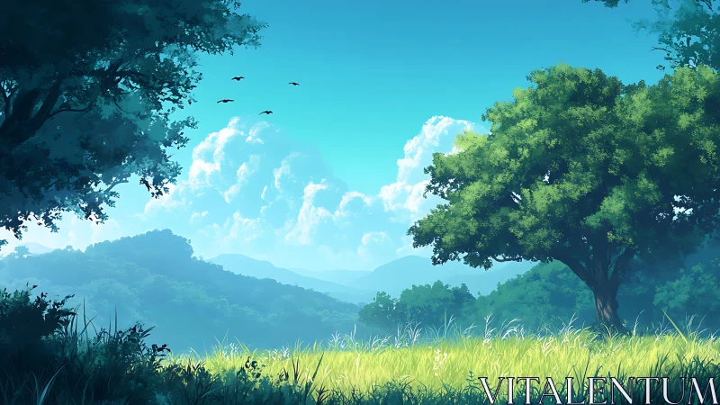 Sunlit meadow and distant hills under a gentle blue sky.