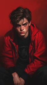 Brooding teen in red jacket sits against a blazing backdrop