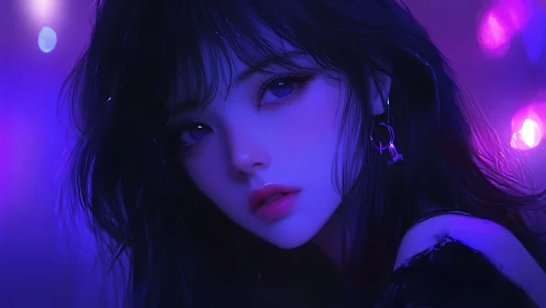 Neon-lit anime portrait renders a soft-focus melancholy gaze