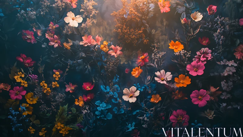 Nocturnal Bloom: Ethereal Flowers Dance in Golden Light.