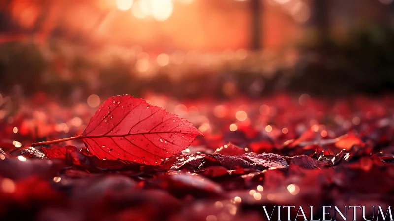 Solitary crimson leaf drinks sunrise in a bokeh sea