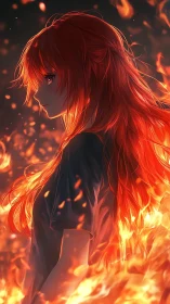 Warmhearted flame girl glowing softly in swirling firelight.