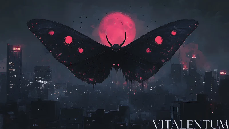 Brooding lunar moth rising over a neon city skyline.