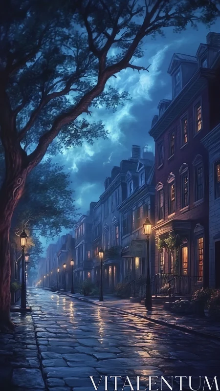 Quiet cobblestone street under moody blue night sky.