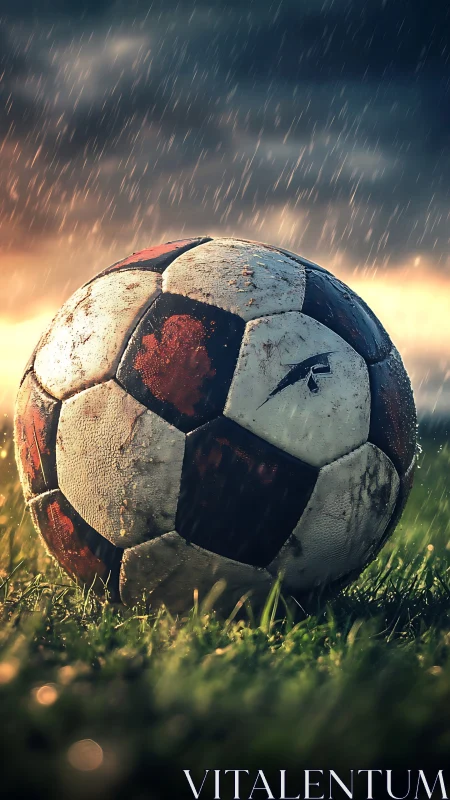 Rain-soaked vintage football resting in stormlit grass.