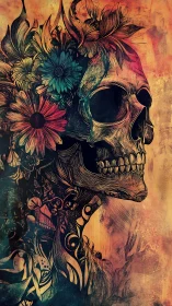 Floral skull portrait blending vivid blooms and quiet mystery.