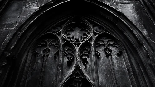 Gothic stone archway in moody monochrome photographic detail.