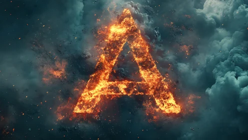 Blazing Letter A: Fiery Triangular Form Erupting Through Turbulent Clouds