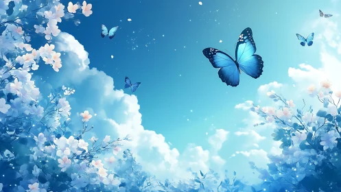 Blue butterfly glides above blooming clouds and pastel flowers
