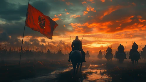 Mounted medieval army advancing under red war banner.