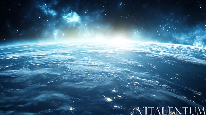 Radiant Earth horizon under luminous cosmic sunrise.