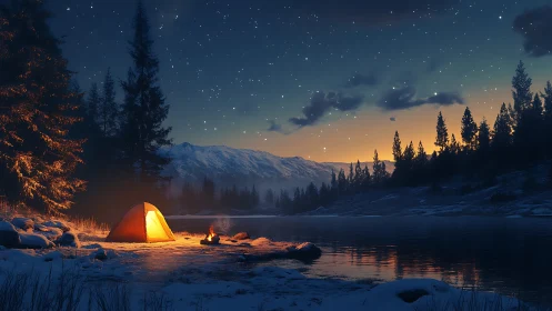 Luminous winter campsite glows beside alpine lake at dusk