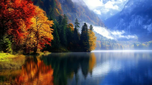 Autumn forest reflects on calm mountain lake in soft light.