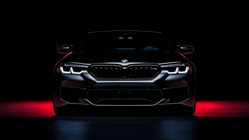 Front-lit performance sedan under high-contrast studio lighting.