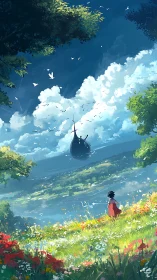 Dreamy hillside adventure with a girl and skyward ship.